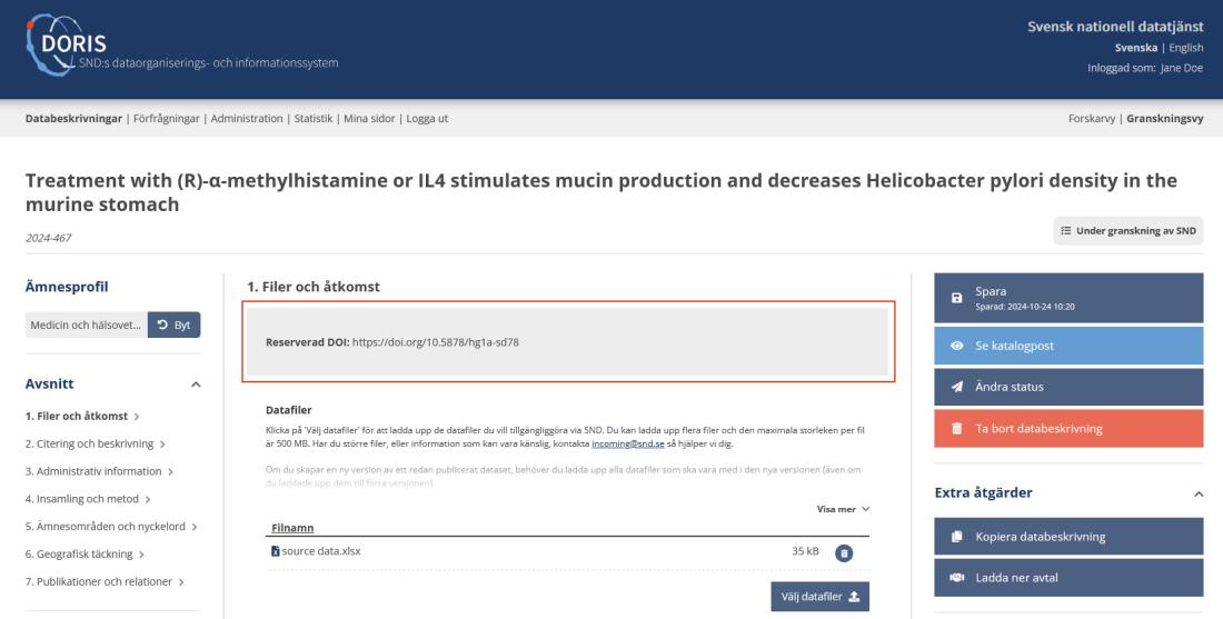 SKärmbild av en reserverad DOI i verktyget DORIS