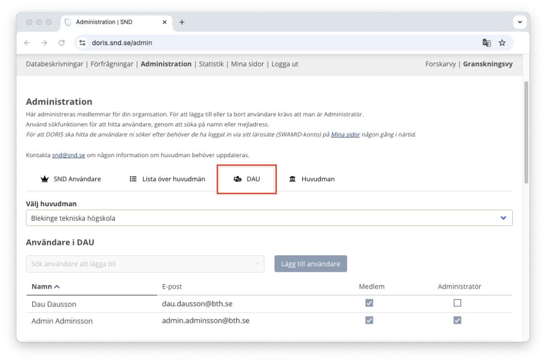 Fliken DAU under Administration i verktyget DORIS