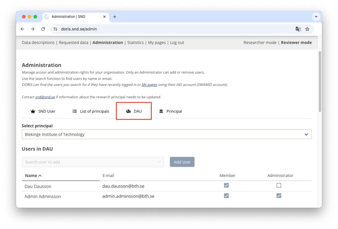 The Administration tab in the DORIS tool