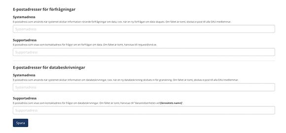 Skärmbild av epostadressfälten under Administration i DORIS