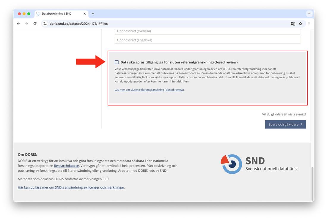 Kryssrutan för sluten referensgranskning (closed review) i DORIS