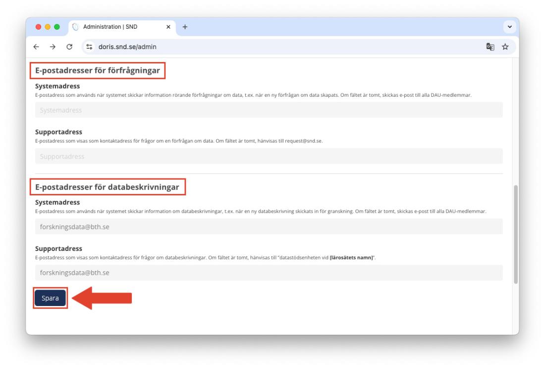 Epostadressfälten under Administration i DORIS