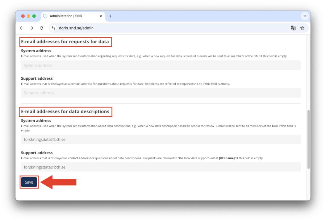 The fields for e-mail addresses under Administration in DORIS