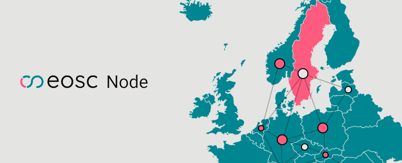 Map of Europe with nodes linked together and the EOSC logo to the left.