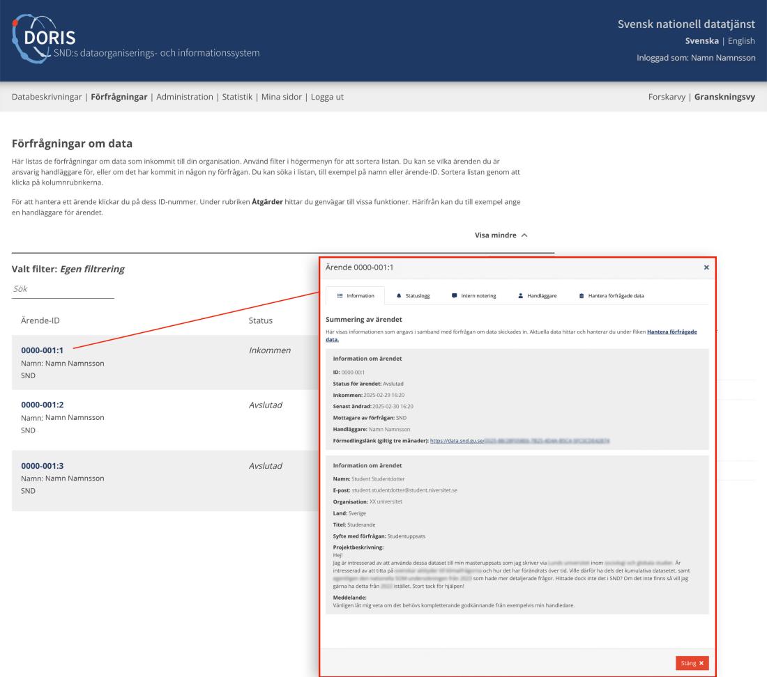 Skärmbild i DORIS-verktyget hur det kan se ut när du hanterar en förfrågan om ett dataset