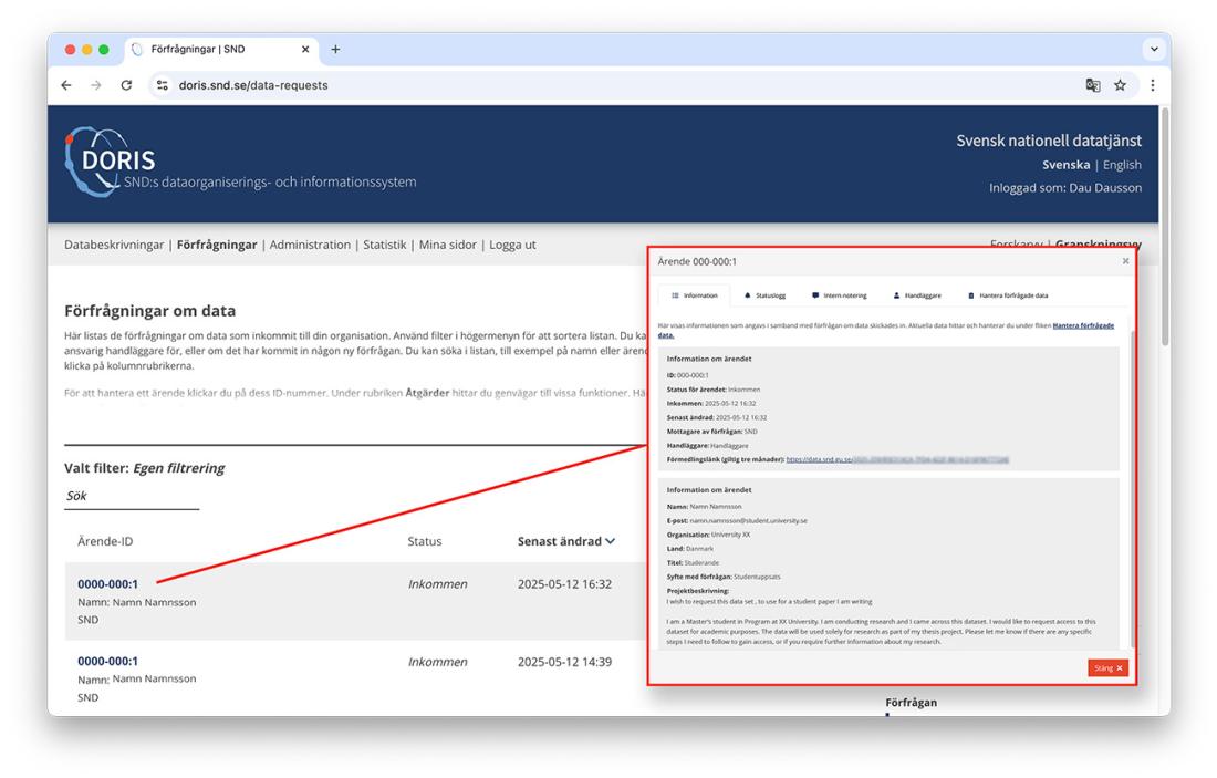 Hur det kan se ut när du hanterar en förfrågan om ett dataset i DORIS