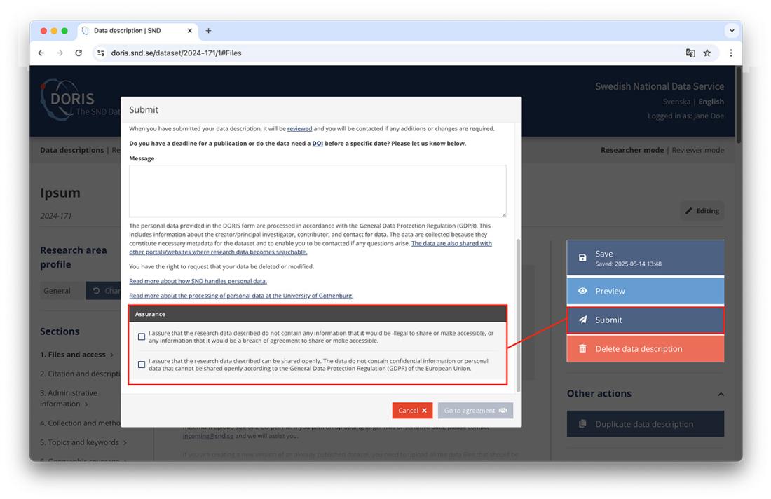 Checkboxes that the researcher needs to check before a data description can be submitted for review.