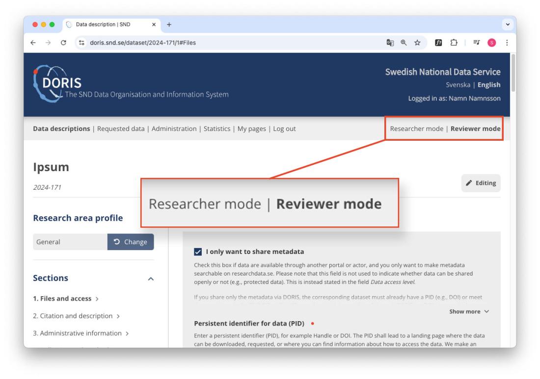 Screen shot of the buttons to the Researcher and Reviewer modes in DORIS