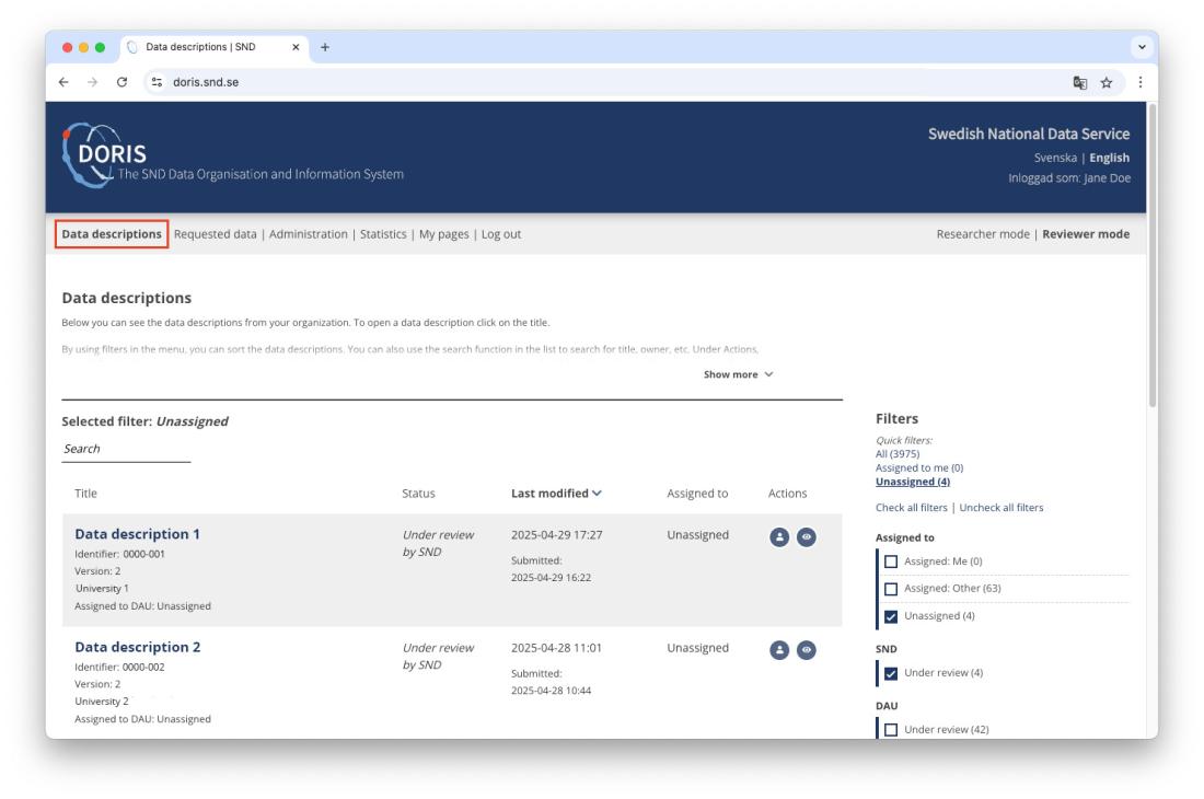 The data descriptions view in the DORIS tool