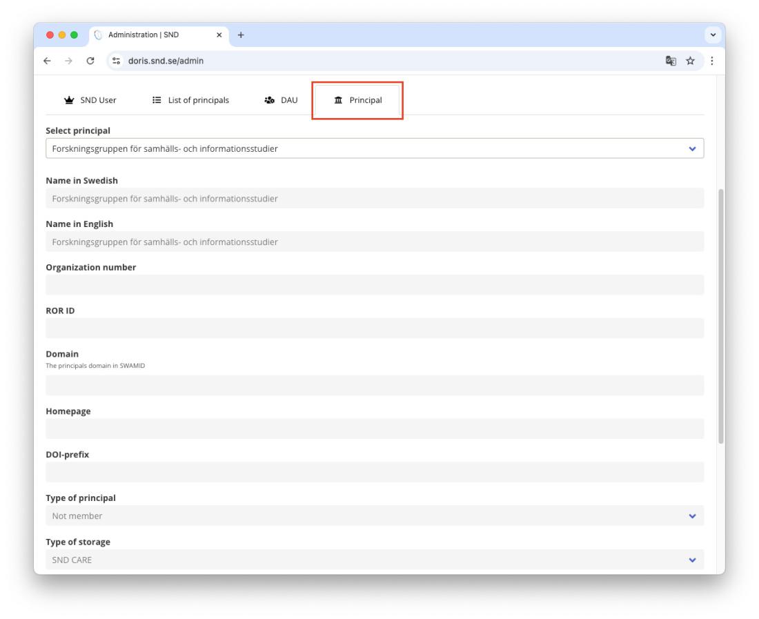 The 'Principal' tab under 'Administration' in 'DORIS'
