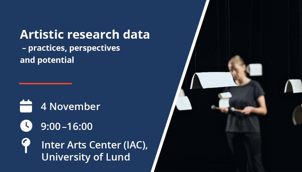 Artistic research data – practics, perspectives and potential” on 4 November, 9.00–16.00, at Inter Arts Center, Lund University. Hanging white sheets of paper form portal-like shapes.