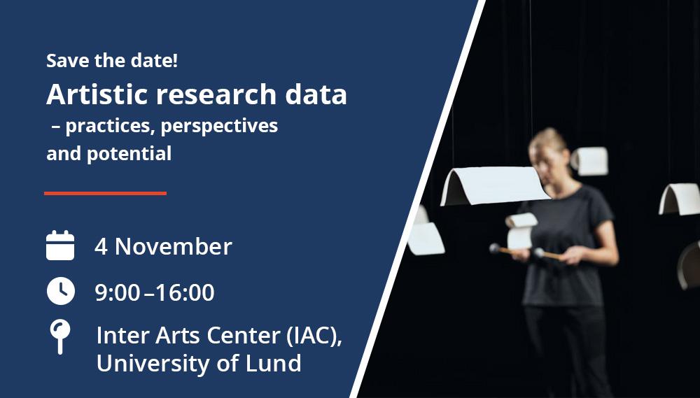 “Artistic research data – practics, perspectives and potential” on 4 November, 9.00–16.00, at Inter Arts Center, Lund University. Hanging white sheets of paper form portal-like shapes.