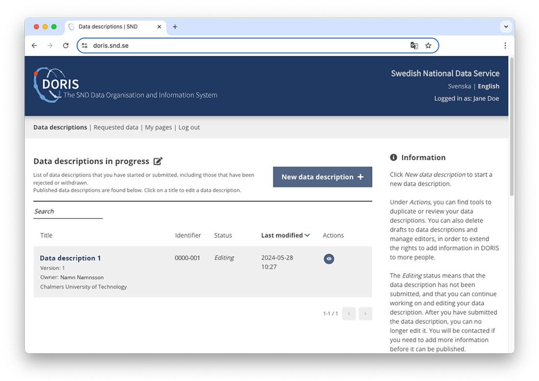 The starting page of DORIS in researcher mode